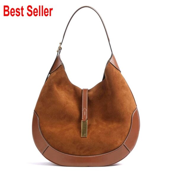 Handbags - Suede & Split Leather Hobo Shoulder Bag Large Capacity Magnetic Closure